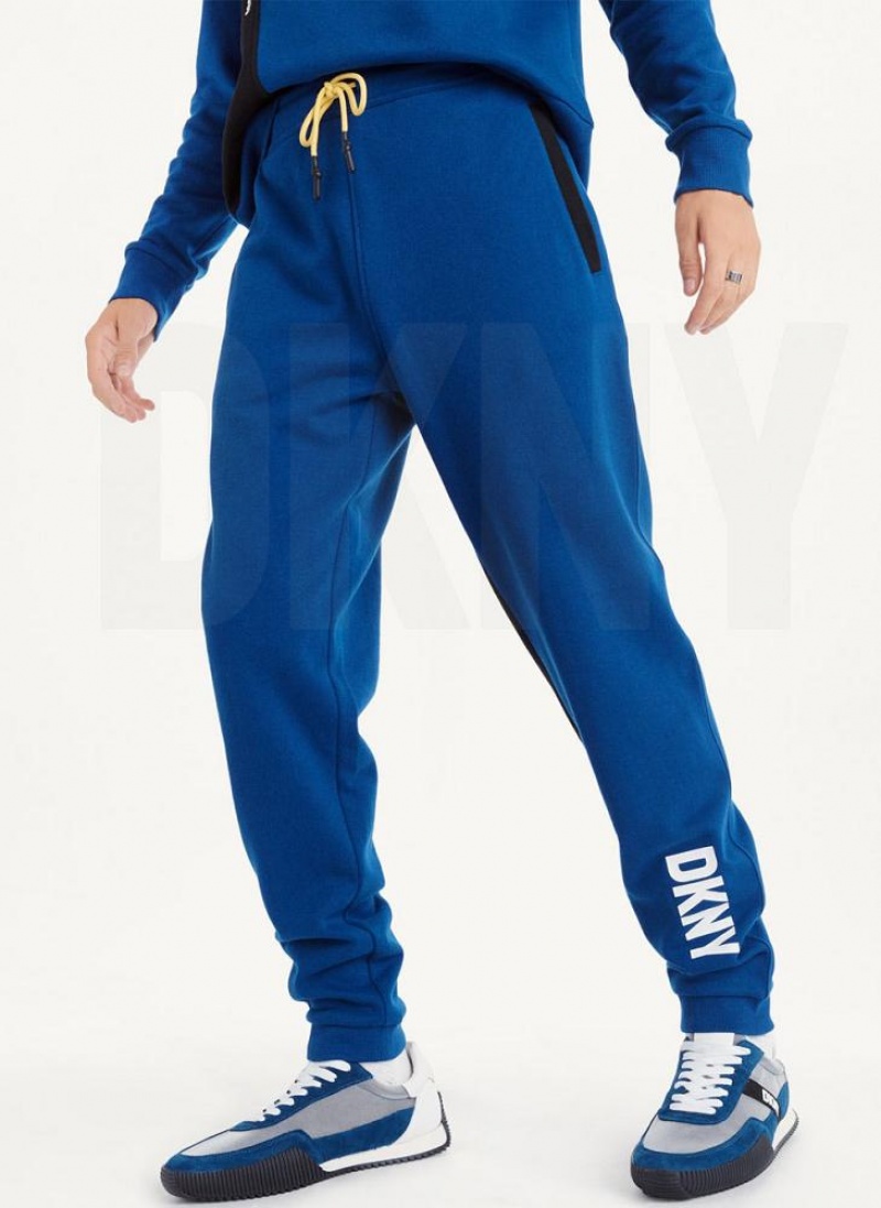 Deep Blue DKNY Colorblock Logo Fleece Men\'s Pants | USA-D1934