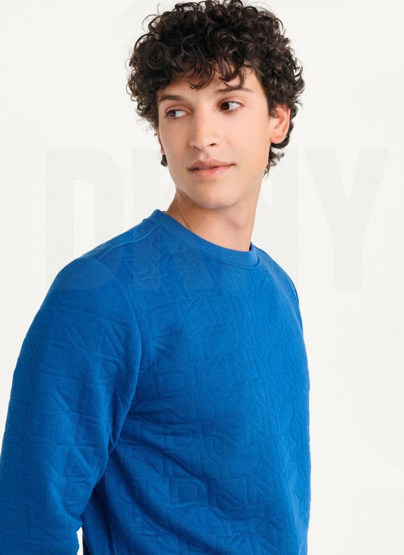 Deep Blue DKNY Quilted Knit Allover Logo Crewneck Men's Sweatshirts | USA-D0705