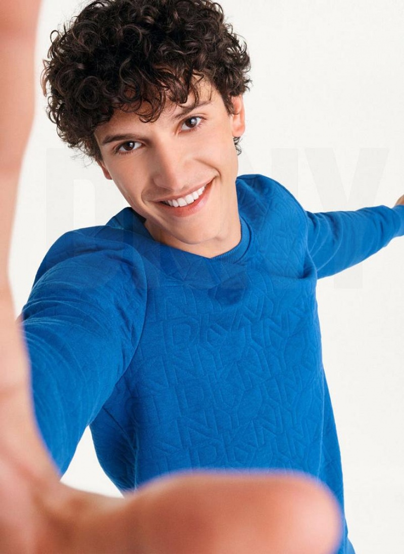 Deep Blue DKNY Quilted Knit Allover Logo Crewneck Men's Sweatshirts | USA-D0705