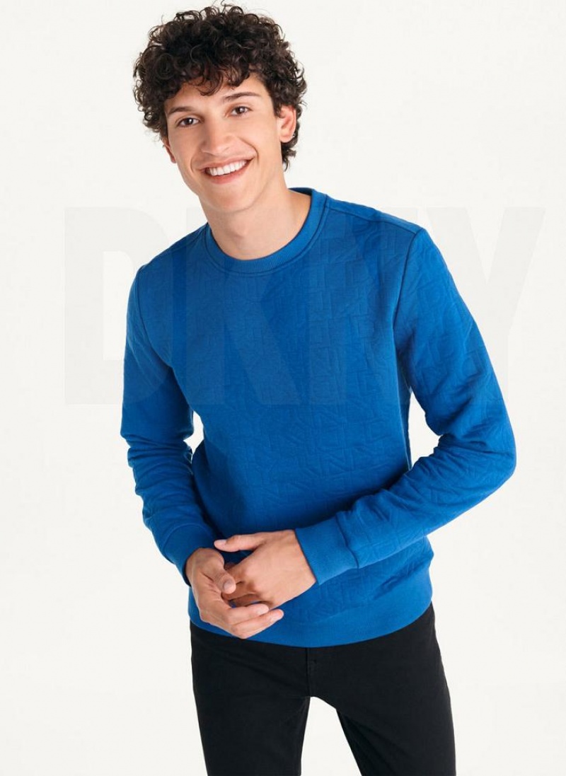 Deep Blue DKNY Quilted Knit Allover Logo Crewneck Men\'s Sweatshirts | USA-D0705