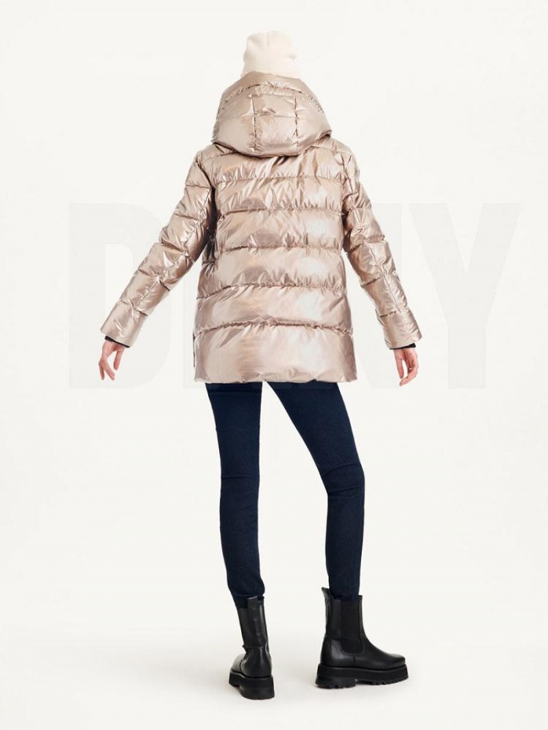 Gold DKNY Glossy Mid Length Women's Puffer Jacket | USA-D1247