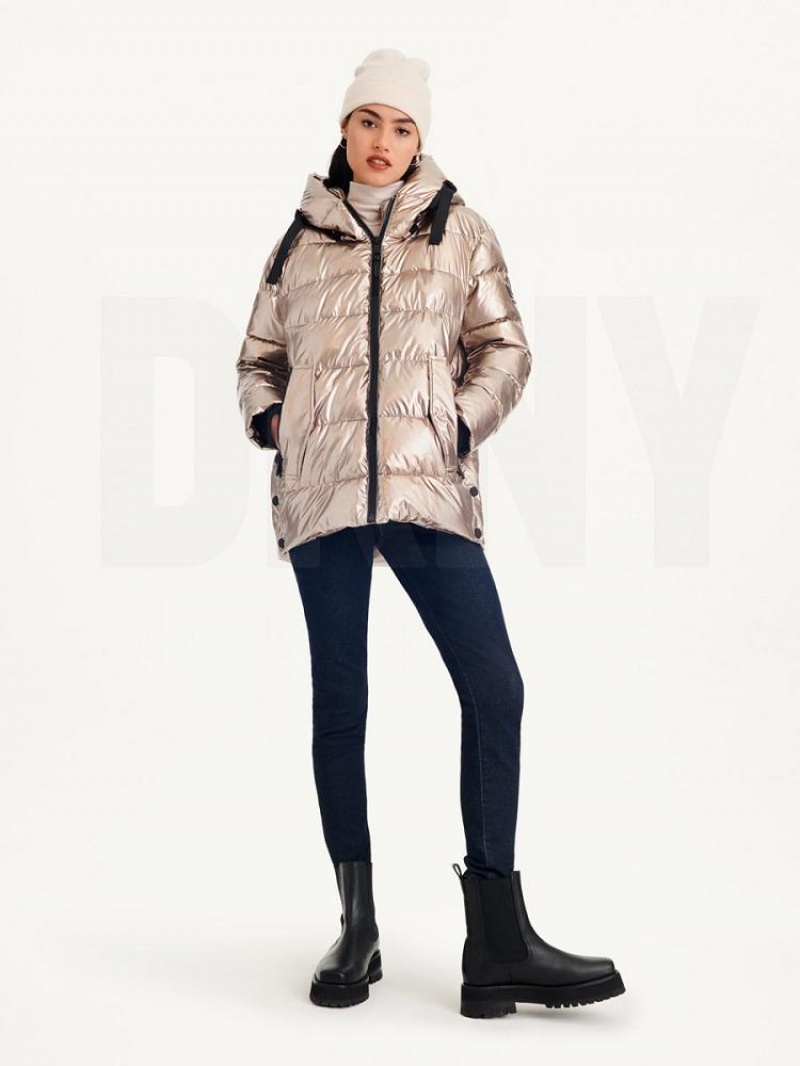 Gold DKNY Glossy Mid Length Women's Puffer Jacket | USA-D1247