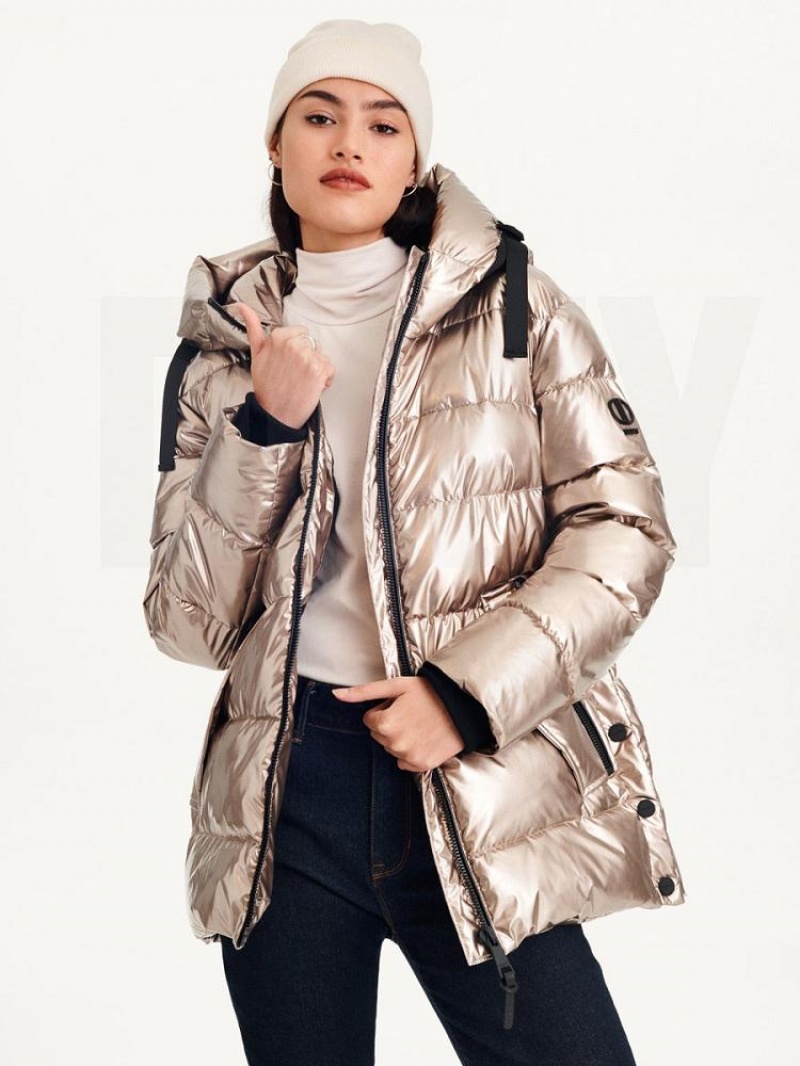 Gold DKNY Glossy Mid Length Women's Puffer Jacket | USA-D1247