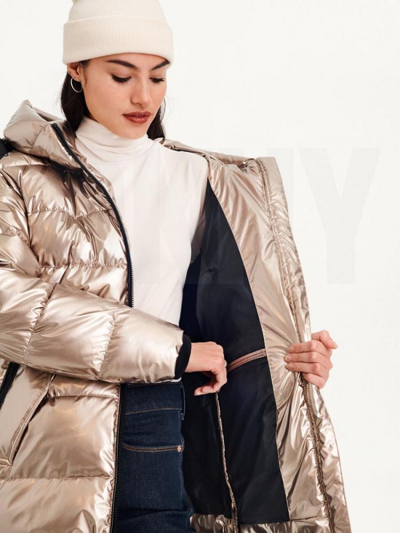 Gold DKNY Glossy Mid Length Women's Puffer Jacket | USA-D1247