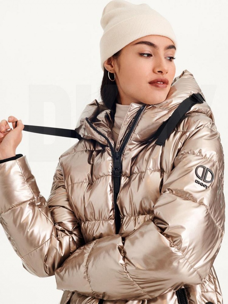 Gold DKNY Glossy Mid Length Women's Puffer Jacket | USA-D1247