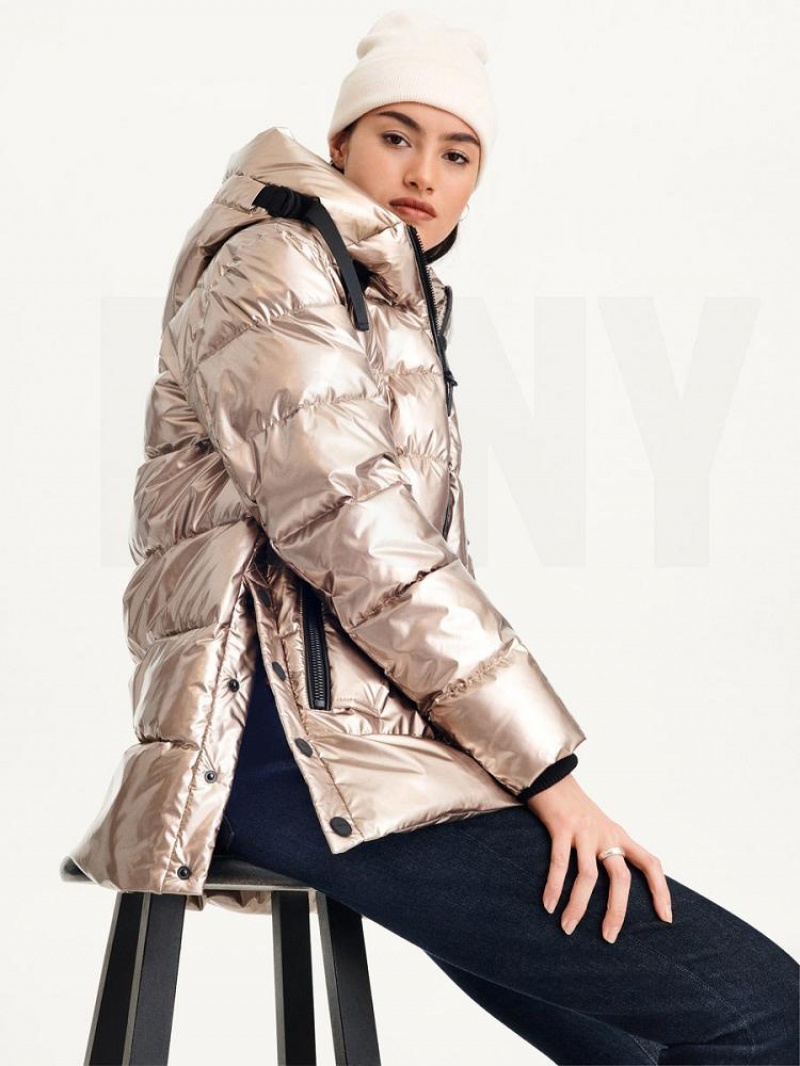 Gold DKNY Glossy Mid Length Women's Puffer Jacket | USA-D1247
