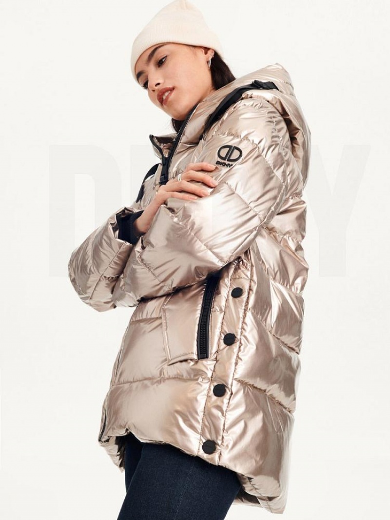 Gold DKNY Glossy Mid Length Women\'s Puffer Jacket | USA-D1247