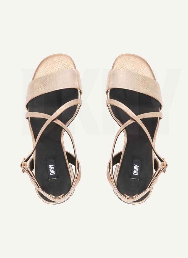 Gold DKNY Metallic Snake Strappy Block Shoes Heels | USA-D0387