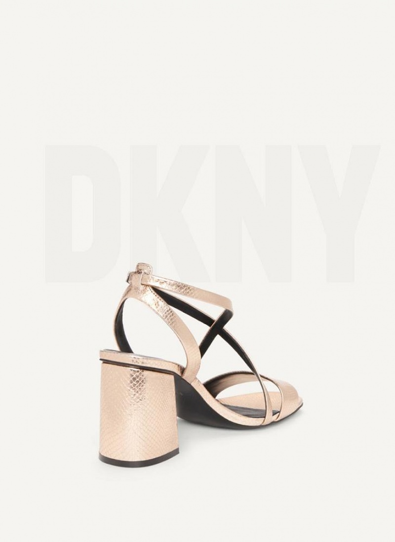 Gold DKNY Metallic Snake Strappy Block Shoes Heels | USA-D0387