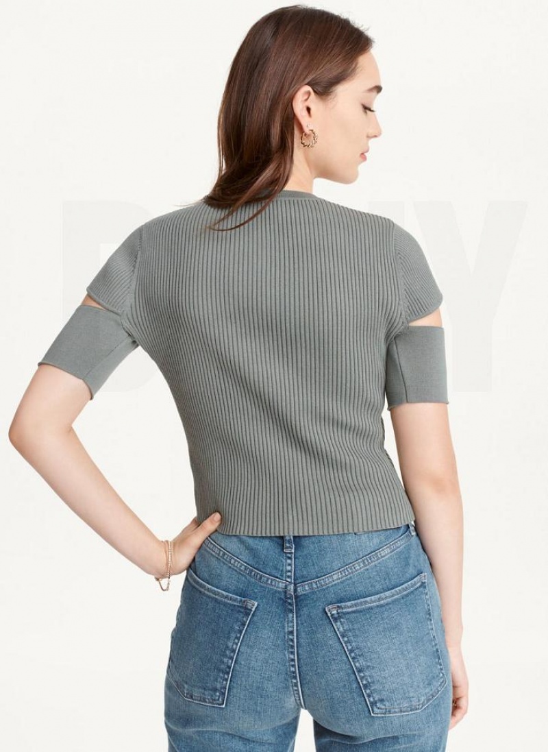 Green DKNY Cut Out Knit Women's T Shirts | USA-D0809