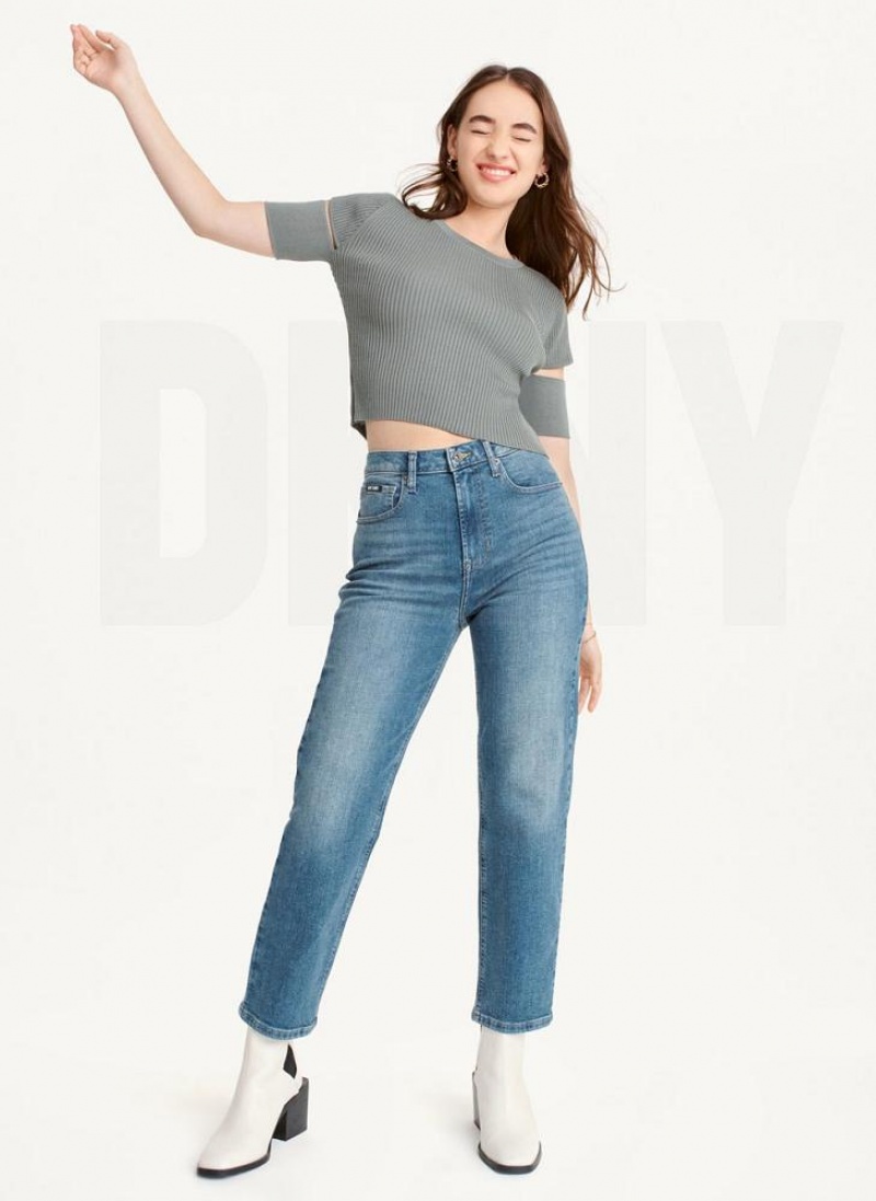 Green DKNY Cut Out Knit Women's T Shirts | USA-D0809