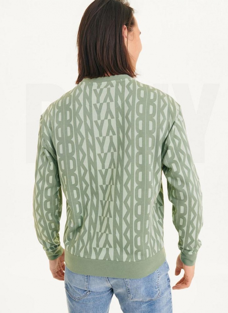 Green DKNY Exploded Allover Logo Crew Men's Sweatshirts | USA-D0882