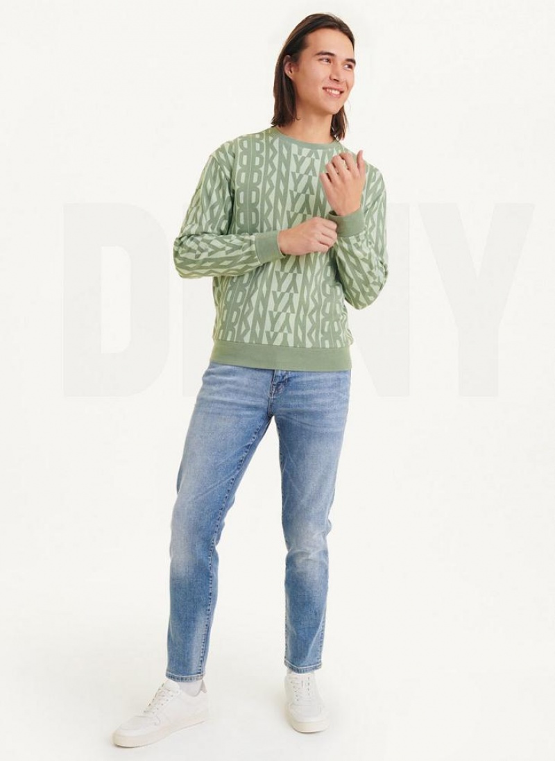 Green DKNY Exploded Allover Logo Crew Men's Sweatshirts | USA-D0882