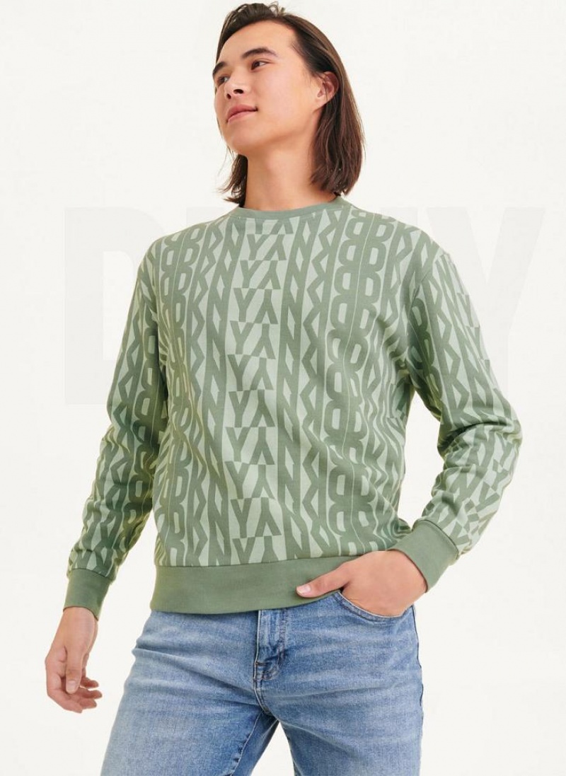 Green DKNY Exploded Allover Logo Crew Men\'s Sweatshirts | USA-D0882