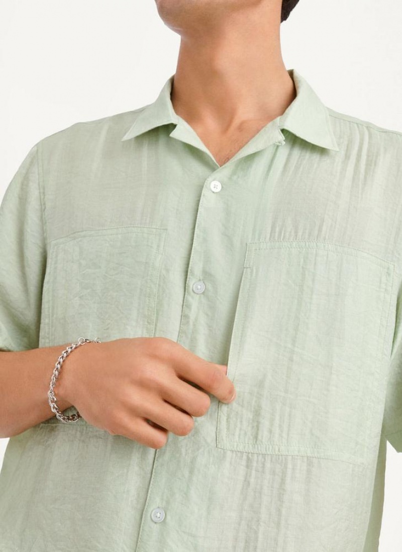 Green DKNY Imitation Silk Camp Men's Shirts | USA-D1037