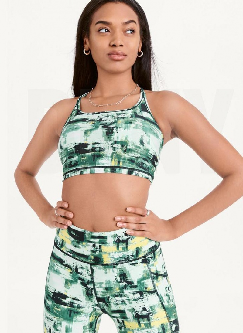 Green DKNY Printed Racerback Sports Bra Women\'s Tank Tops | USA-D0951