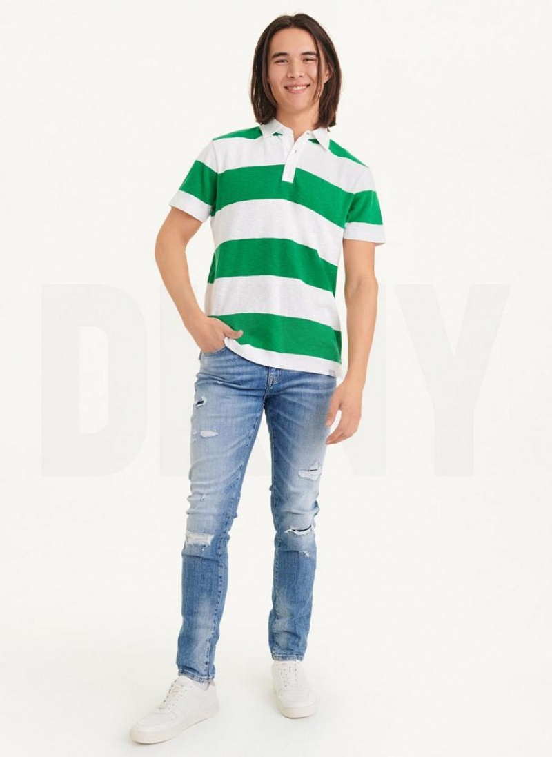 Green DKNY Rugby Stripe Men's Polo Shirts | USA-D1064
