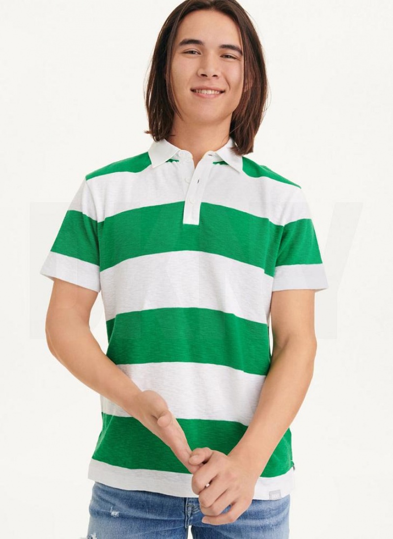 Green DKNY Rugby Stripe Men\'s Polo Shirts | USA-D1064