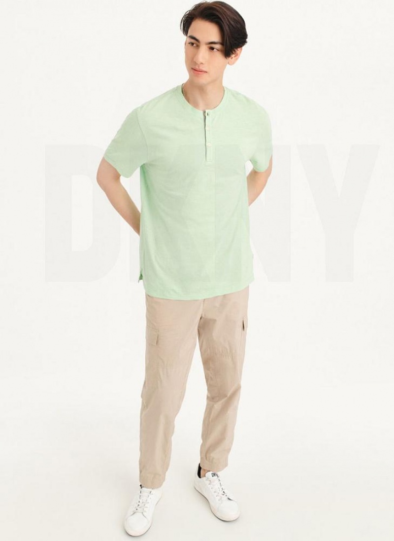 Green DKNY Slub Jersey Henley Men's T Shirts | USA-D0726