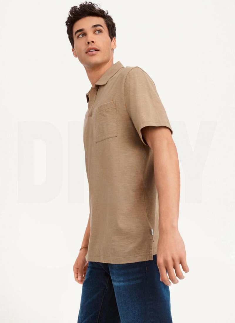 Grey Brown DKNY Cotton Slub Jersey Single Breast Men's Polo Shirts | USA-D0124