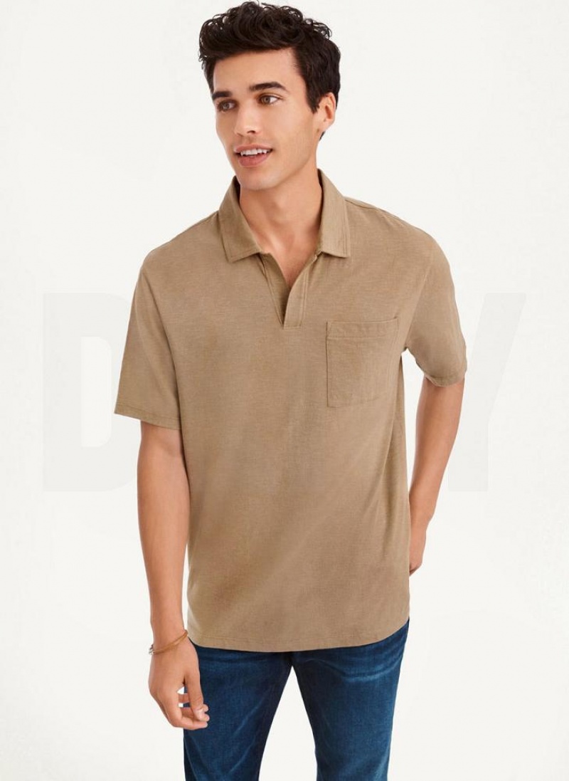 Grey Brown DKNY Cotton Slub Jersey Single Breast Men\'s Polo Shirts | USA-D0124