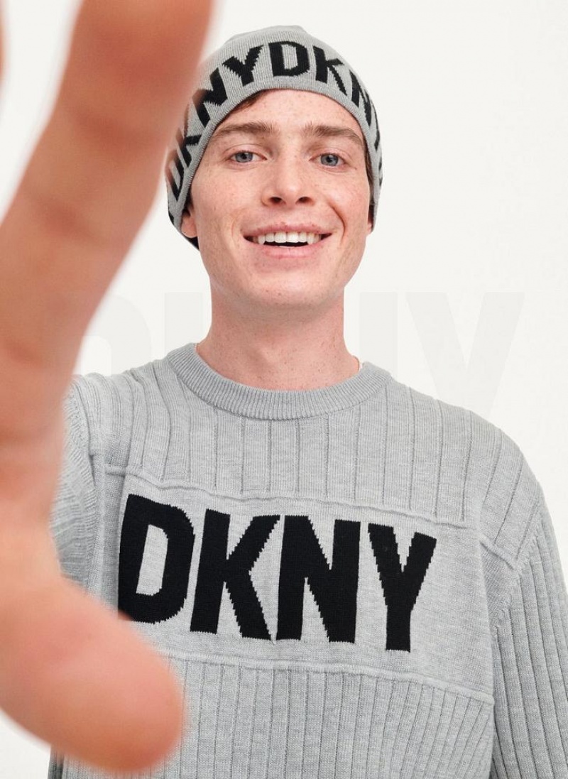 Grey DKNY Brim Logo Men\'s Beanie | USA-D0538