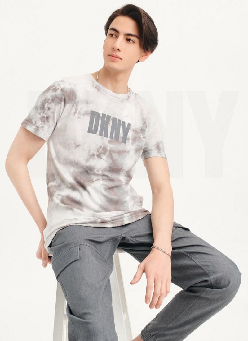 Grey DKNY Cloud Wash Logo Men\'s T Shirts | USA-D0505