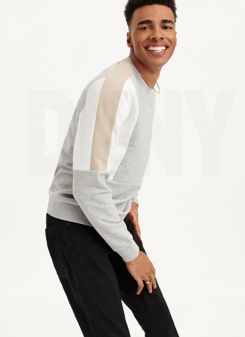 Grey DKNY Colorblock French Terry Front Logo Crewneck Men's Sweatshirts | USA-D0133