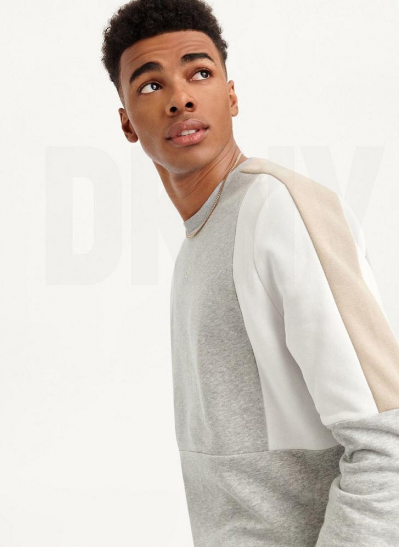 Grey DKNY Colorblock French Terry Front Logo Crewneck Men's Sweatshirts | USA-D0133