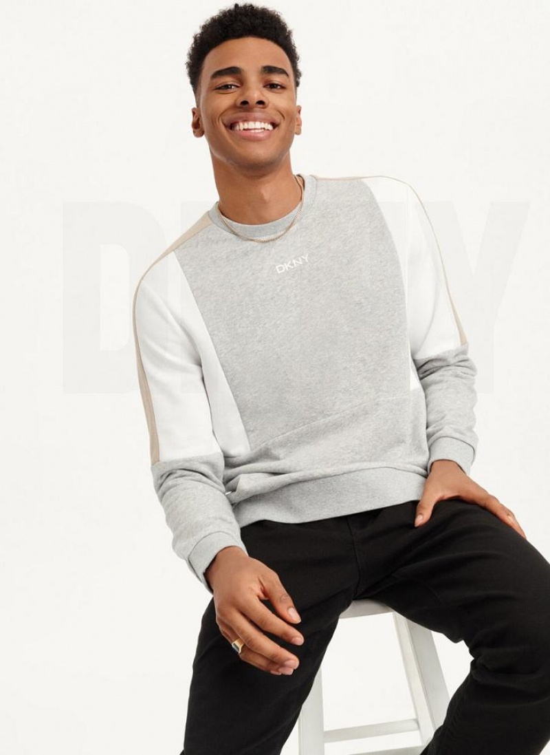 Grey DKNY Colorblock French Terry Front Logo Crewneck Men\'s Sweatshirts | USA-D0133