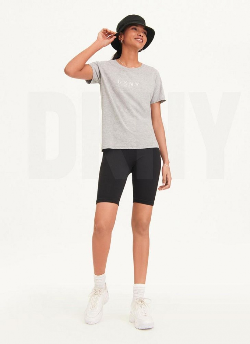 Grey DKNY Crinkle Foil Spec Logo Women's T Shirts | USA-D0995