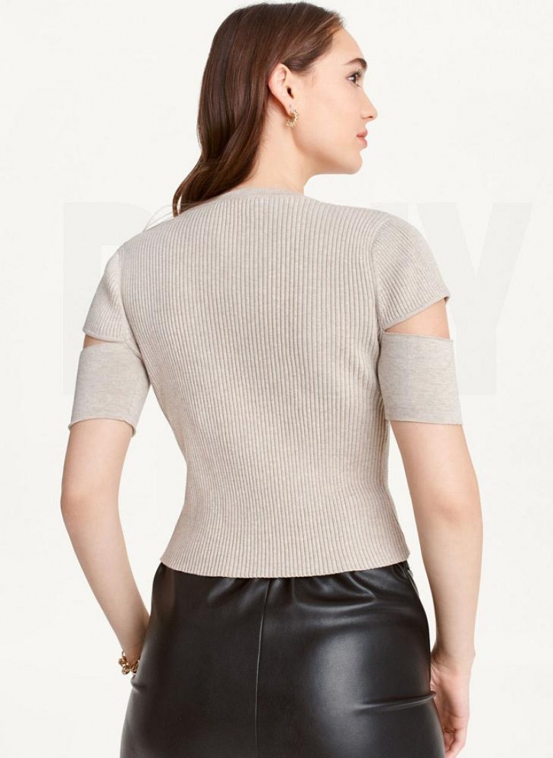 Grey DKNY Cut Out Knit Women's T Shirts | USA-D1089