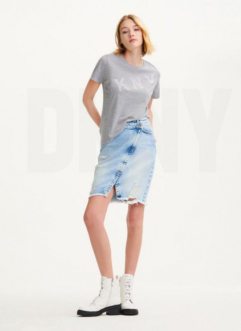 Grey DKNY Diagonal Rhinestone Logo Women's T Shirts | USA-D0179