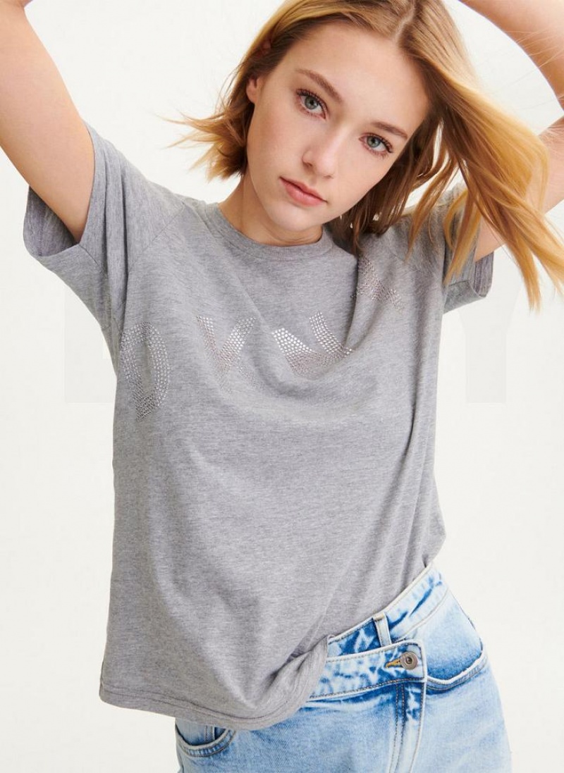 Grey DKNY Diagonal Rhinestone Logo Women's T Shirts | USA-D0179