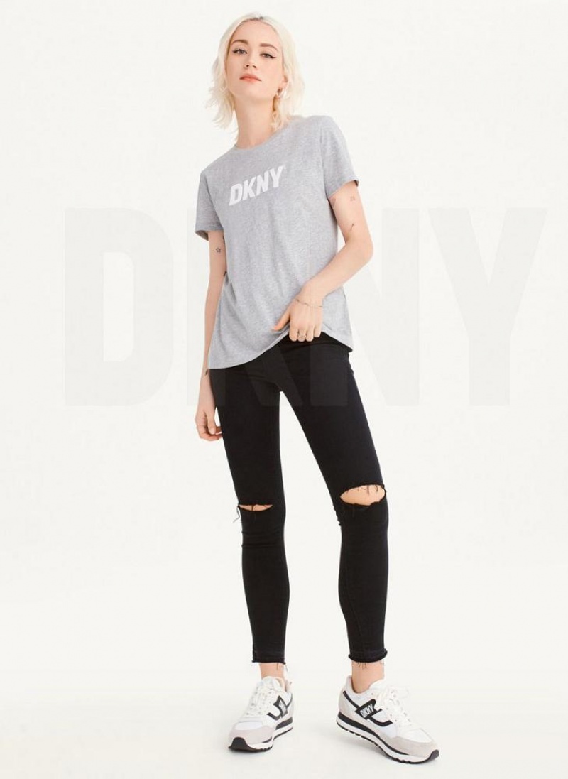 Grey DKNY Foundation Logo Women's T Shirts | USA-D0642
