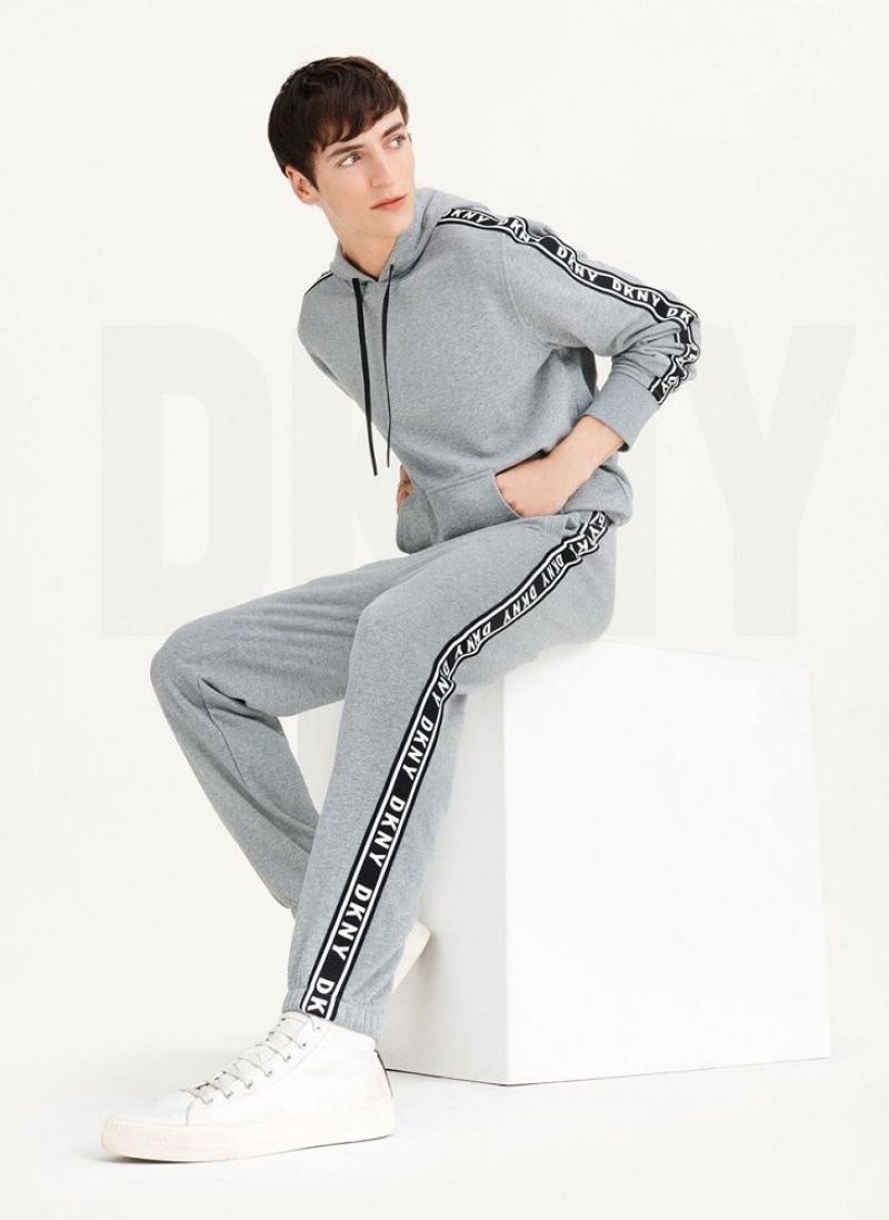 Grey DKNY French Terry Taped Logo Men's Pants | USA-D0691