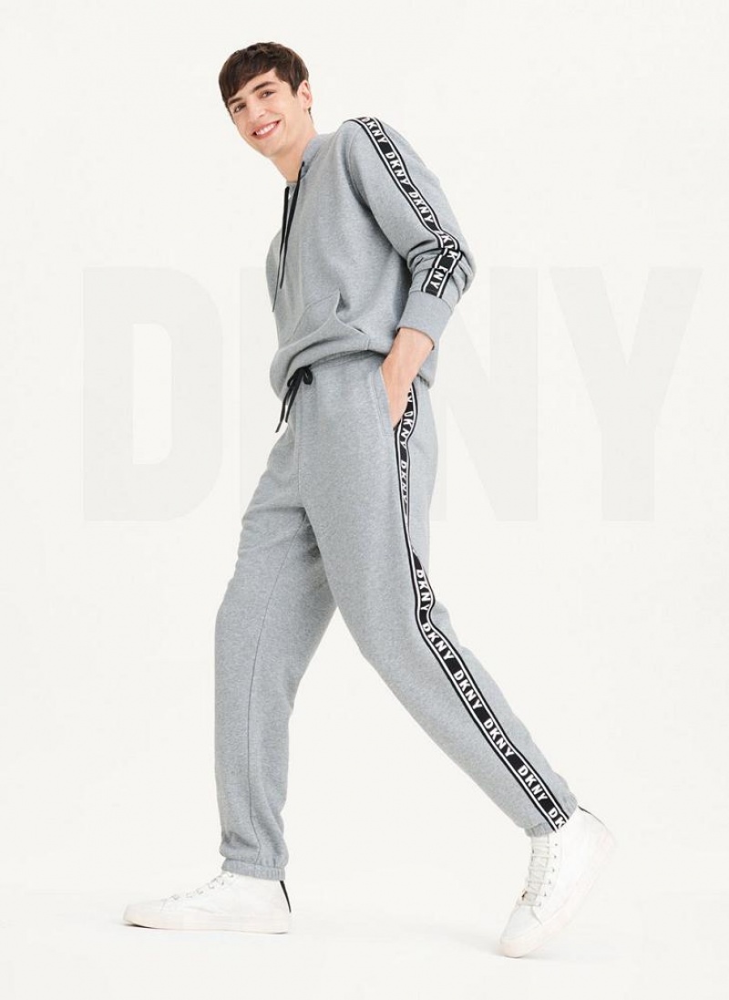 Grey DKNY French Terry Taped Logo Men's Pants | USA-D0691