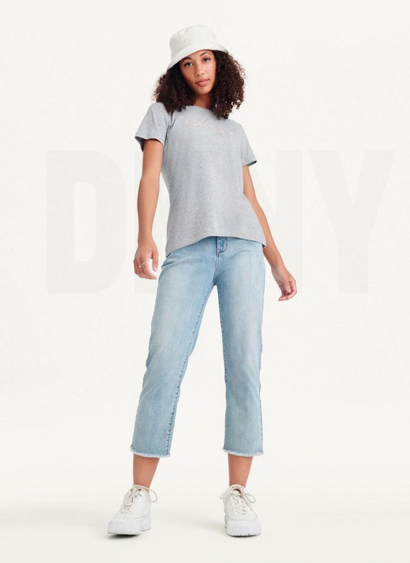 Grey DKNY Glitter Logo Women's T Shirts | USA-D0517