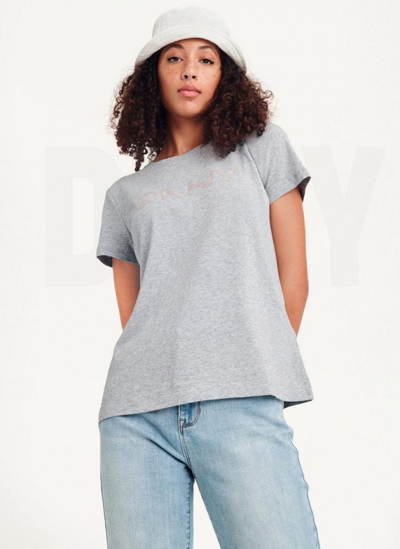 Grey DKNY Glitter Logo Women's T Shirts | USA-D0517
