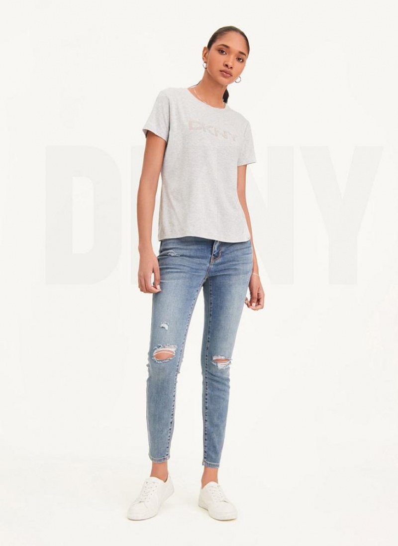 Grey DKNY Glitter Logo Women's T Shirts | USA-D1581