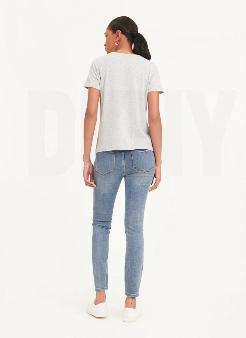 Grey DKNY Glitter Logo Women's T Shirts | USA-D1581