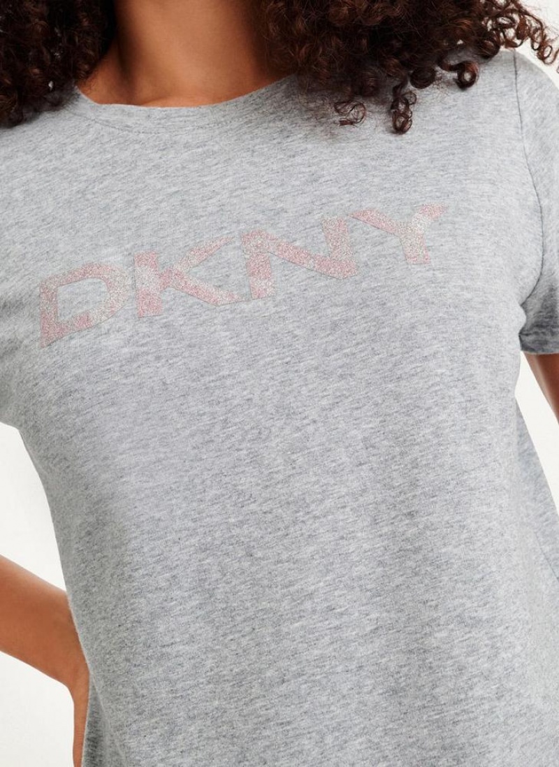 Grey DKNY Glitter Logo Women's T Shirts | USA-D1581