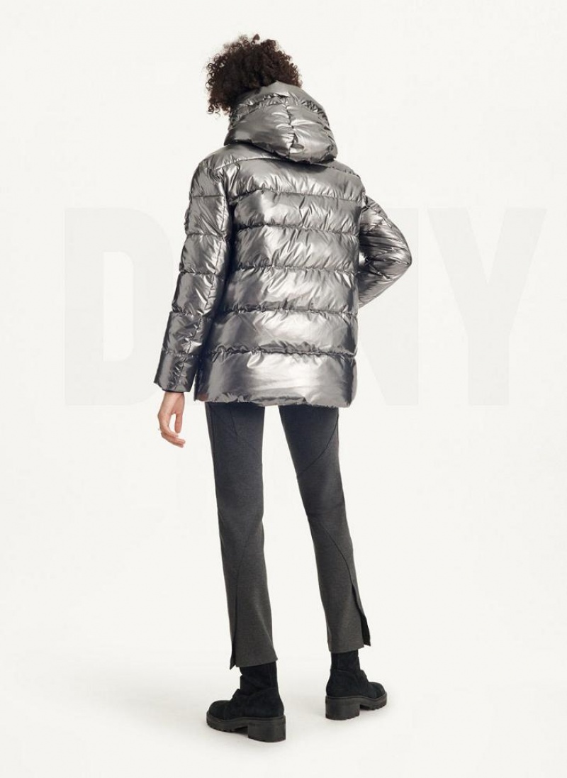 Grey DKNY Glossy Mid Length Women's Puffer Jacket | USA-D0151