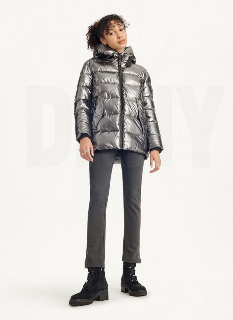 Grey DKNY Glossy Mid Length Women's Puffer Jacket | USA-D0151