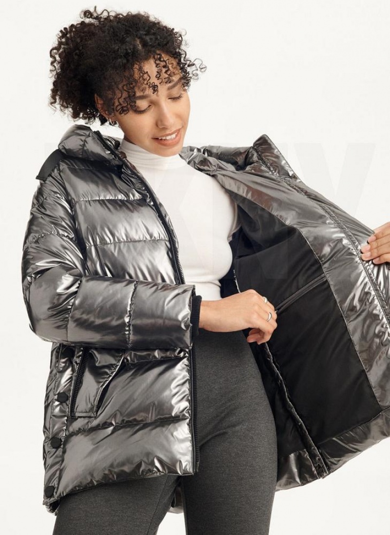 Grey DKNY Glossy Mid Length Women's Puffer Jacket | USA-D0151