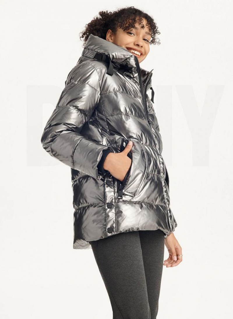 Grey DKNY Glossy Mid Length Women's Puffer Jacket | USA-D0151
