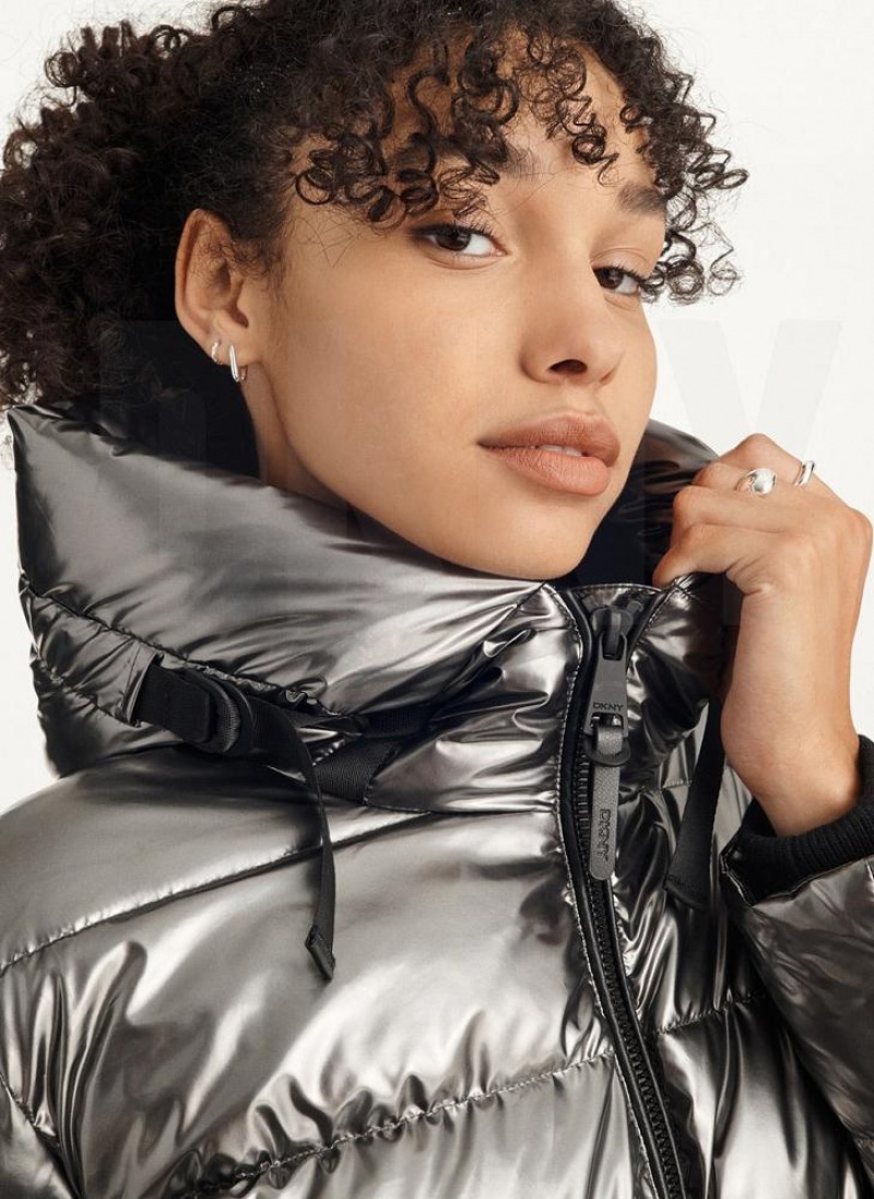 Grey DKNY Glossy Mid Length Women's Puffer Jacket | USA-D0151