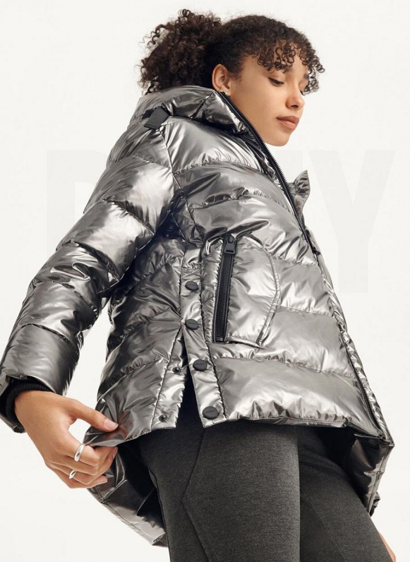 Grey DKNY Glossy Mid Length Women's Puffer Jacket | USA-D0151