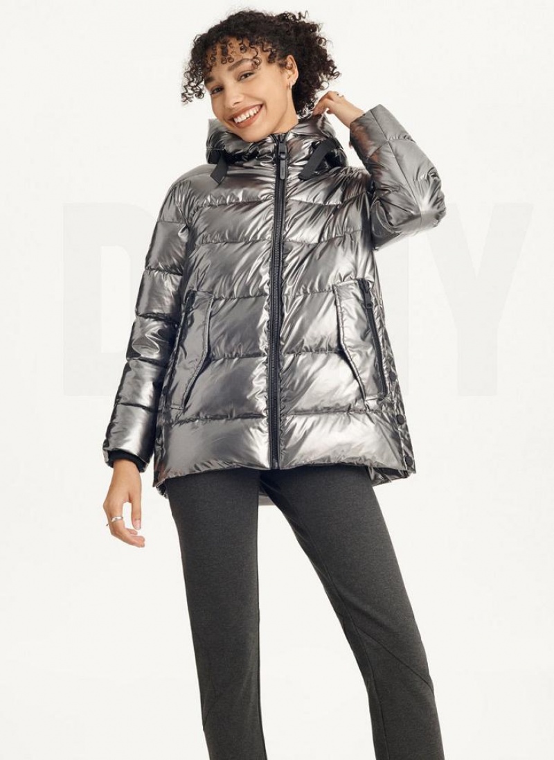 Grey DKNY Glossy Mid Length Women\'s Puffer Jacket | USA-D0151