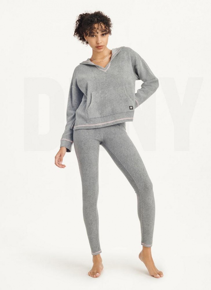 Grey DKNY Long Sleeve Hooded Top And Legging Set Women's Pajamas | USA-D1616